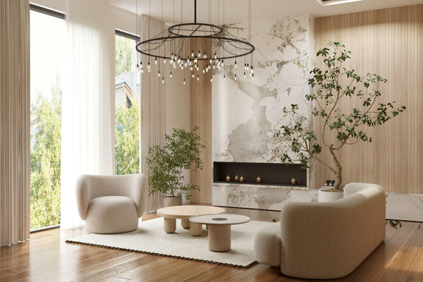 Modern lighting ideas for living rooms - luxury chandelier and table lamp styling by Holly Elms