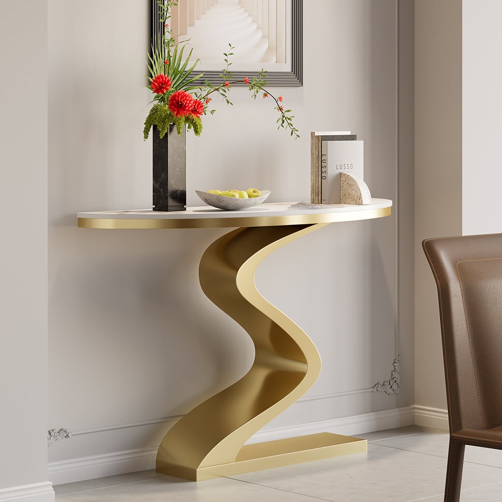 White & Gold Curved Console Table