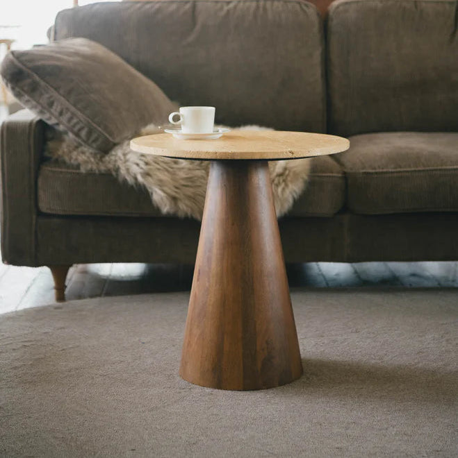 Travertine & Mango Wood Side Table