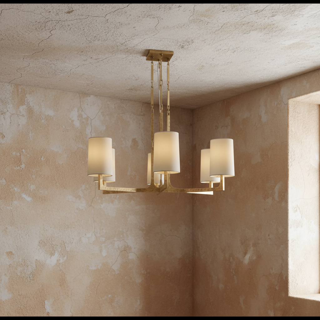 Alden Chandelier featuring a handcrafted brass frame and elegant fabric shades, a luxury statement light designed for dining rooms and sophisticated interiors