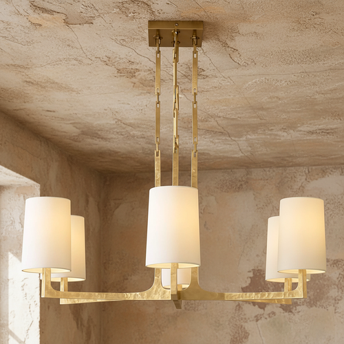 Alden Chandelier featuring a handcrafted brass frame and elegant fabric shades, a luxury statement light designed for dining rooms and sophisticated interiors