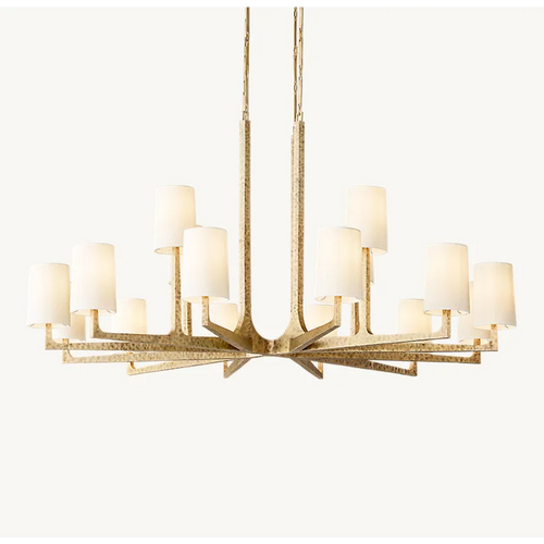Alden Chandelier featuring a handcrafted brass frame and elegant fabric shades, a luxury statement light designed for dining rooms and sophisticated interiors