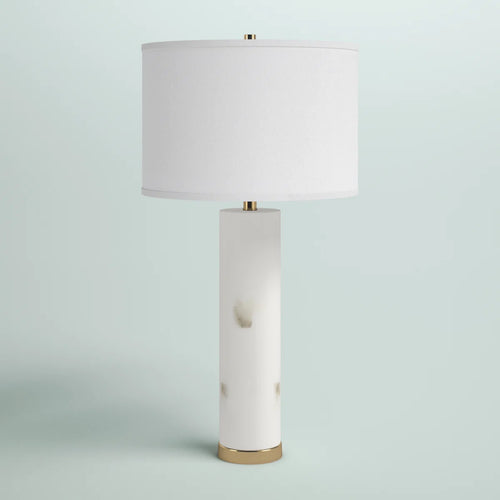 Arden alabaster table lamp with white shade on modern console