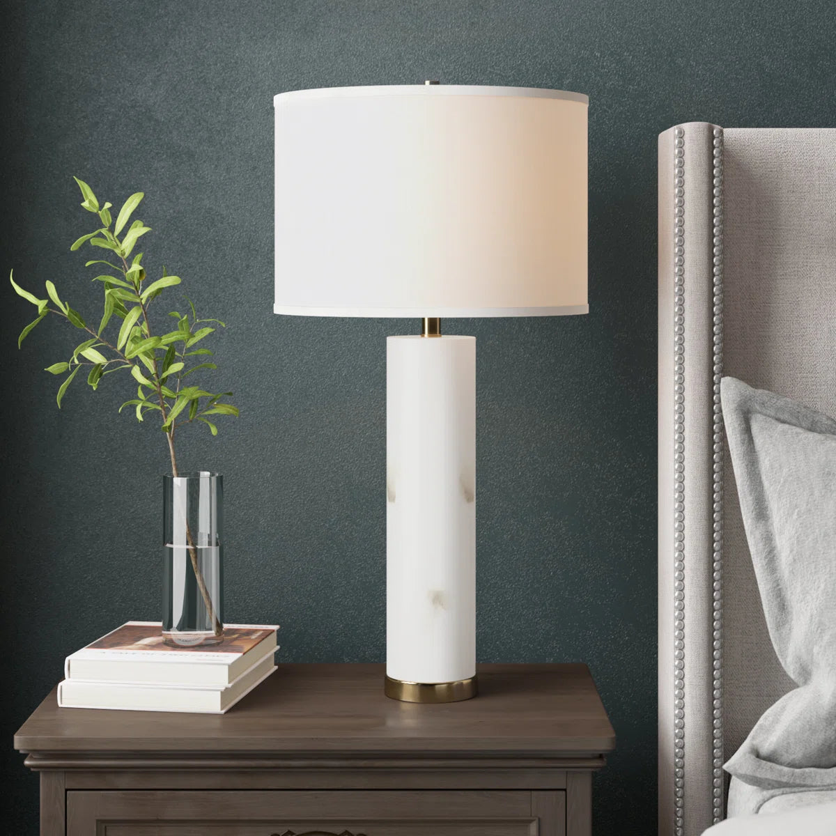 Arden alabaster table lamp with white shade on modern console