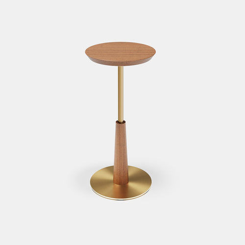 Arden Drink Table with a solid walnut-finished acacia wood top, sculptural wooden pedestal, and brushed gold steel base, designed for modern luxury interiors