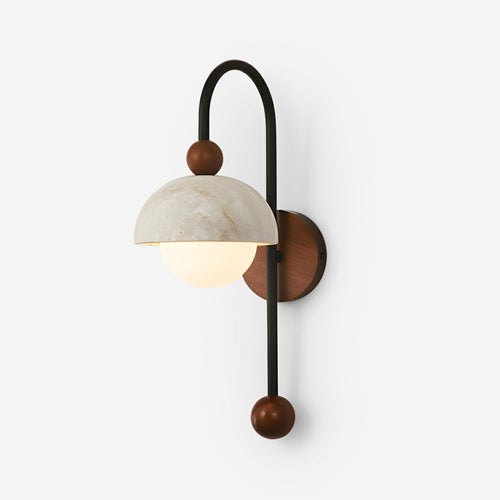 Wall-mounted light fixture with marble shade and wooden accents on a white background
