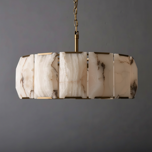 Aurelia Alabaster Chandelier featuring handcrafted alabaster panels and brushed brass detailing, a luxury ceiling light for dining rooms and contemporary interiors