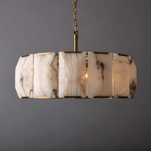 Aurelia Alabaster Chandelier featuring handcrafted alabaster panels and brushed brass detailing, a luxury ceiling light for dining rooms and contemporary interiors
