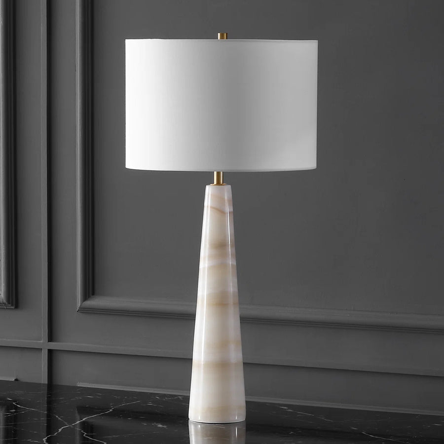 marble table lamp with cone base and fabric shade