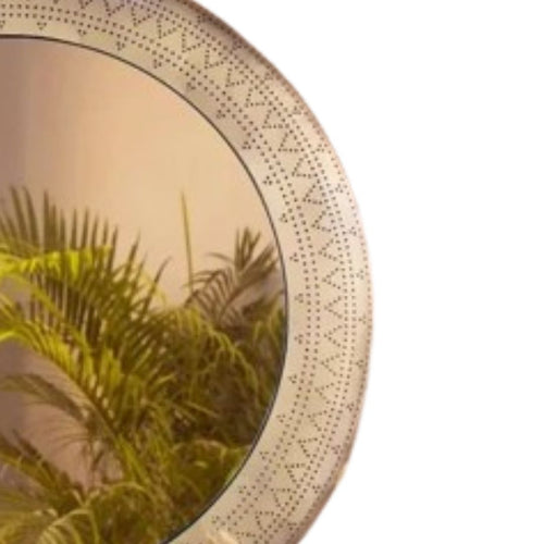Decorative mirror with a decorative frame reflecting green foliage on a white background