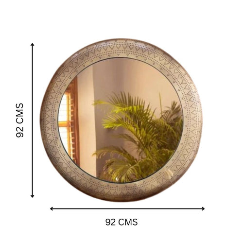 Round mirror with decorative frame and dimensions on a white background