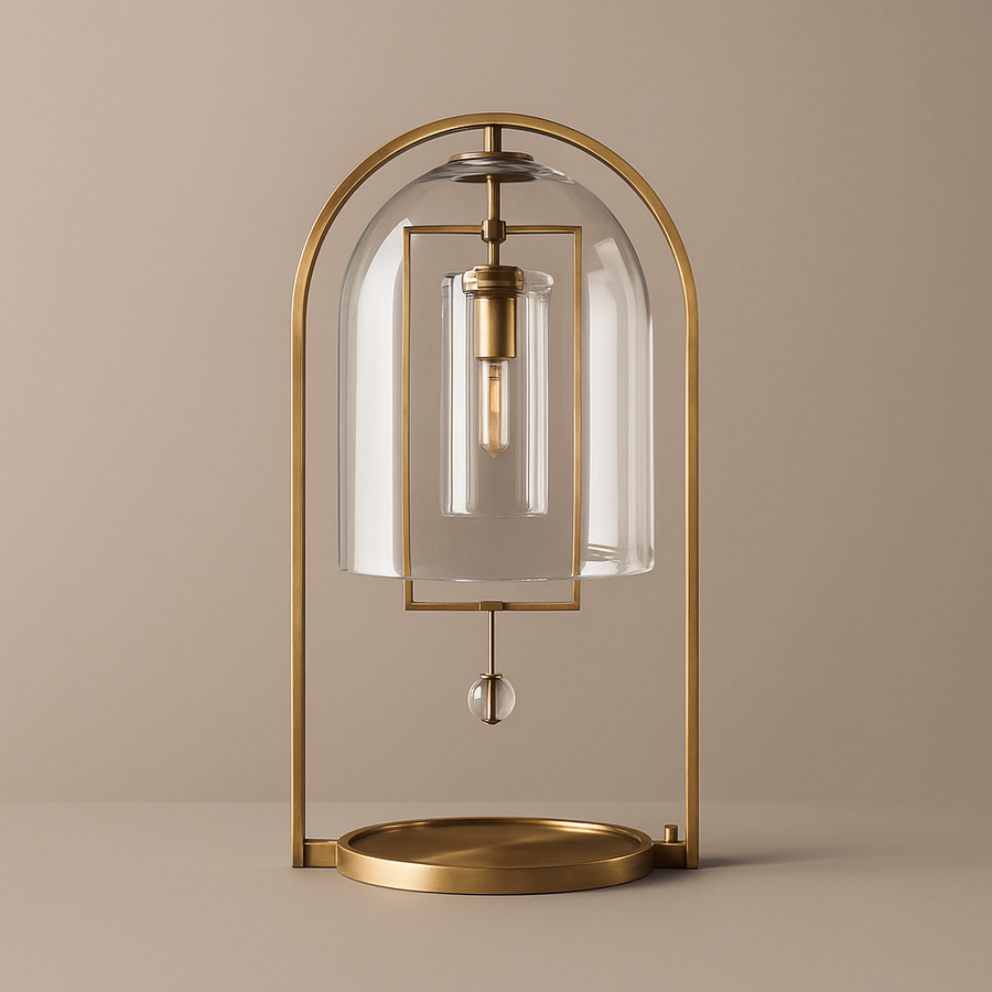 Aurelies Table Lamp featuring a clear glass lantern shade suspended within a brass frame, a luxury designer table lamp for contemporary and Mid-Century inspired interiors