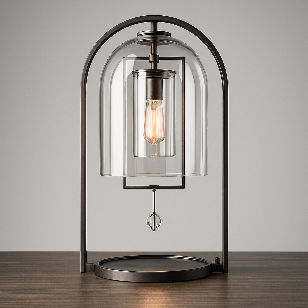 Aurelies Table Lamp featuring a clear glass lantern shade suspended within a brass frame, a luxury designer table lamp for contemporary and Mid-Century inspired interiors