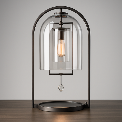 Aurelies Table Lamp featuring a clear glass lantern shade suspended within a brass frame, a luxury designer table lamp for contemporary and Mid-Century inspired interiors