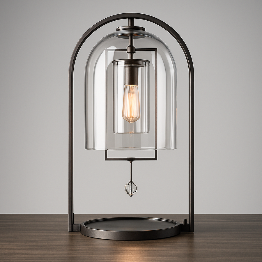 Aurelies Table Lamp featuring a clear glass lantern shade suspended within a brass frame, a luxury designer table lamp for contemporary and Mid-Century inspired interiors