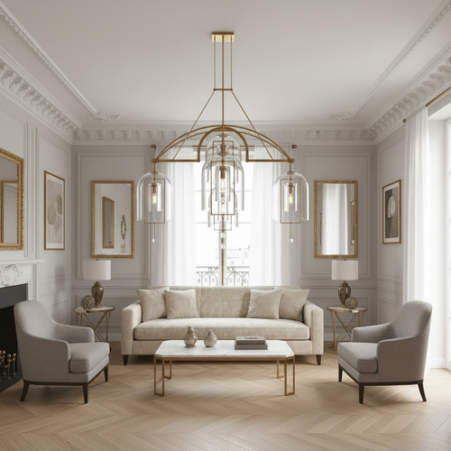 Aurelius Chandelier in brushed brass with clear glass shades, luxury Art Deco pendant light for dining rooms and grand entrances.