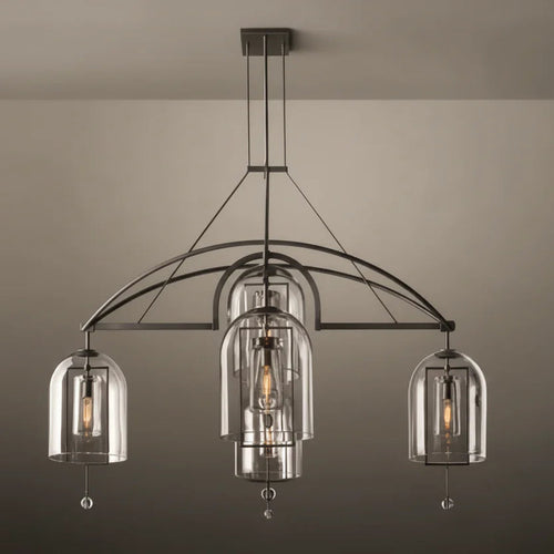 Aurelius Chandelier in Black Finish with clear glass shades, luxury Art Deco pendant light for dining rooms and grand entrances.