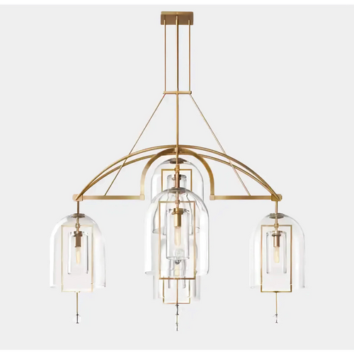 Aurelius Chandelier in brushed brass with clear glass shades, luxury Art Deco pendant light for dining rooms and grand entrances.
