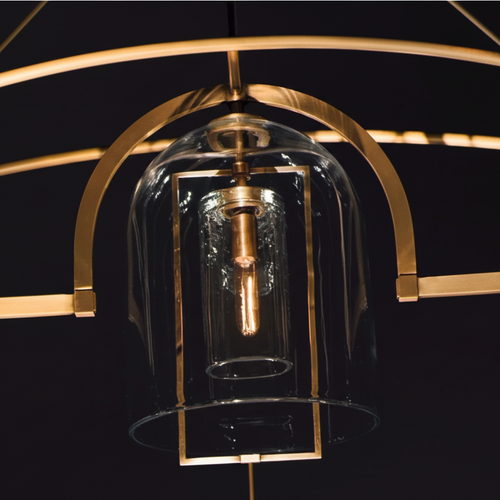 Aurelius Chandelier in brushed brass with clear glass shades, luxury Art Deco pendant light for dining rooms and grand entrances.