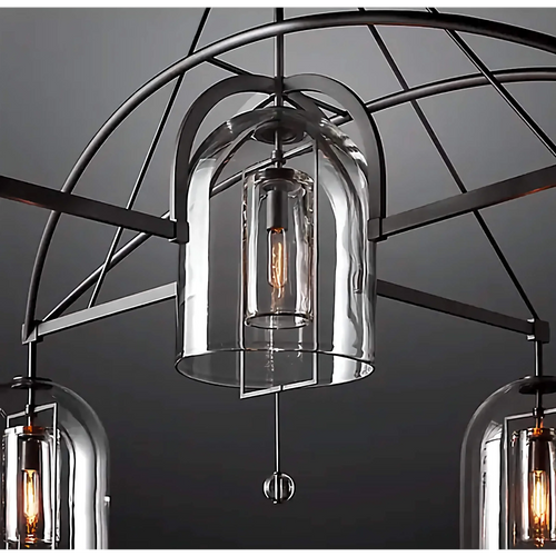 Aurelius Chandelier in Black finish with clear glass shades, luxury Art Deco pendant light for dining rooms and grand entrances.