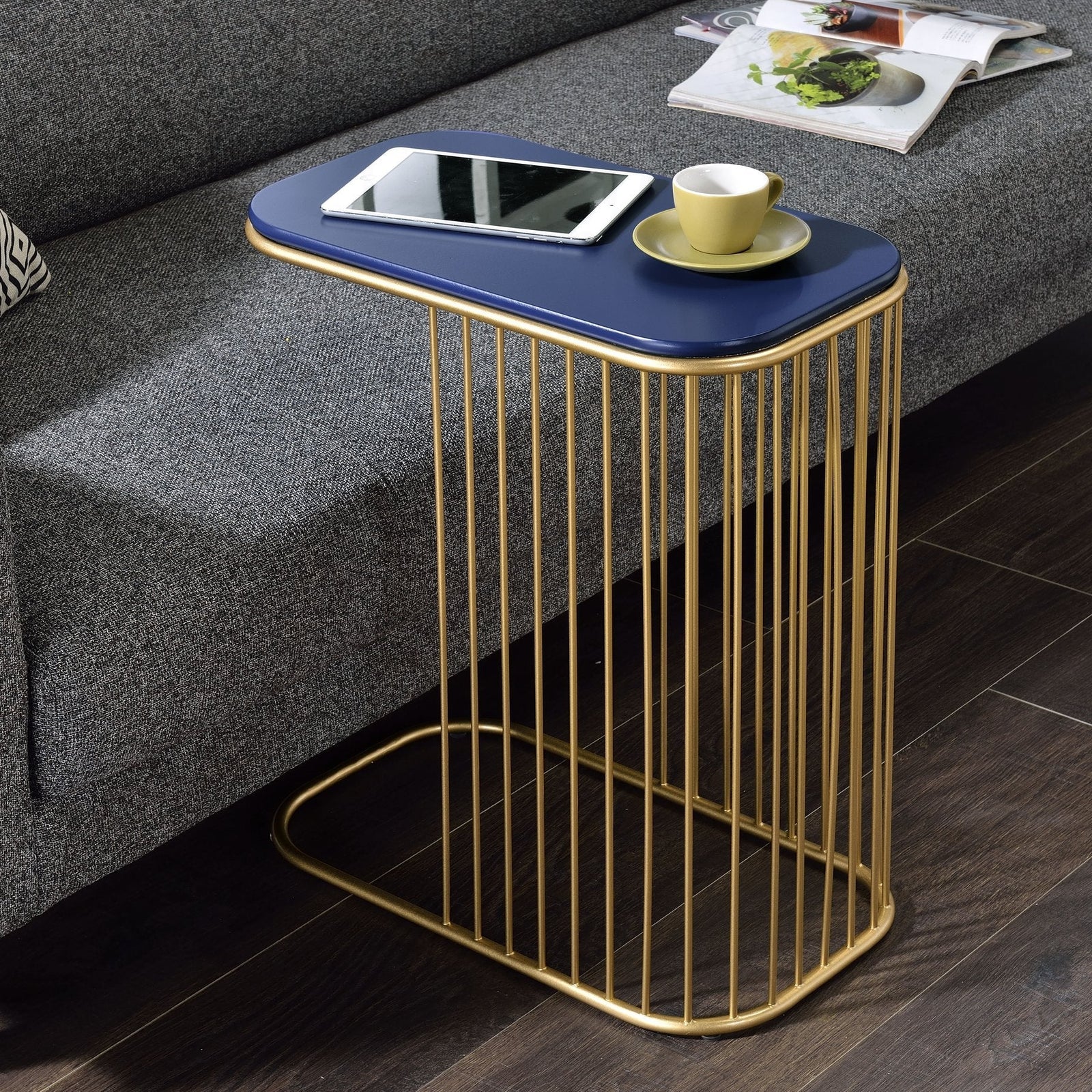 modern gold frame end table with blue top