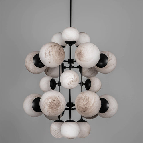 Celestia Alabaster Chandelier featuring handcrafted alabaster globes and brass detailing, a luxury statement light for grand dining rooms and contemporary interiors.