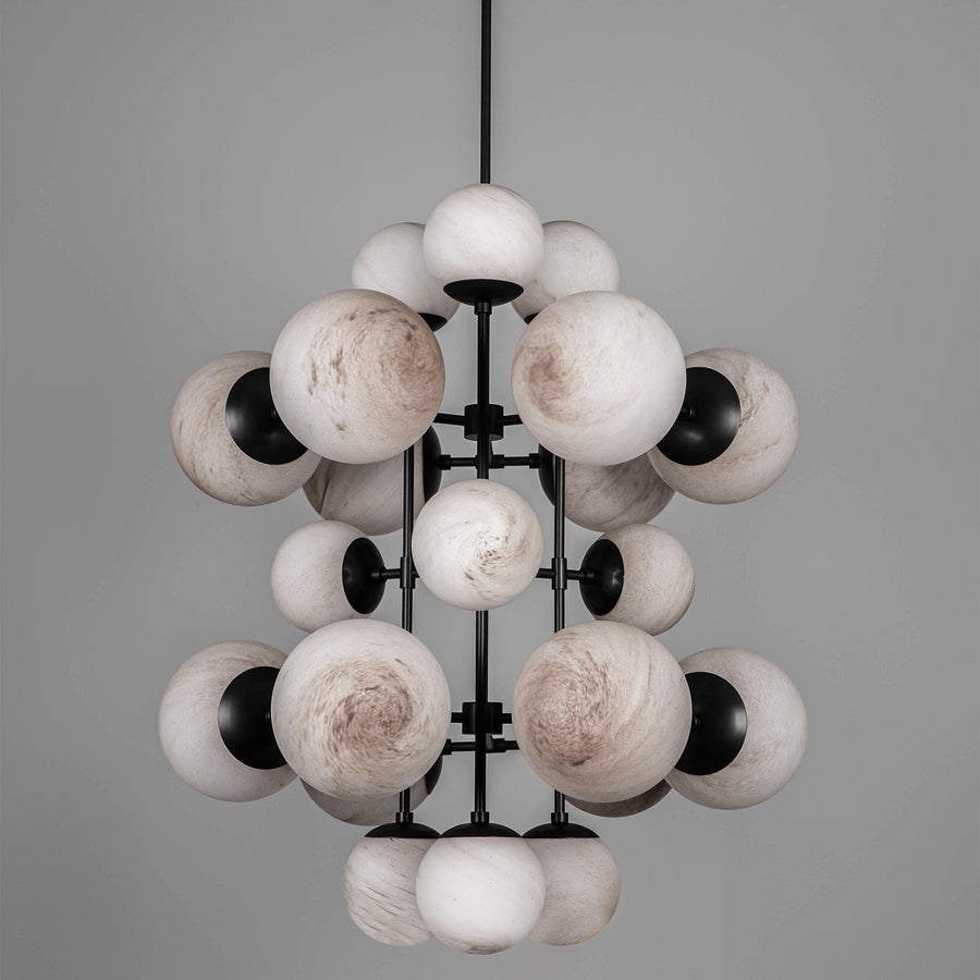 Celestia Alabaster Chandelier featuring handcrafted alabaster globes and brass detailing, a luxury statement light for grand dining rooms and contemporary interiors.