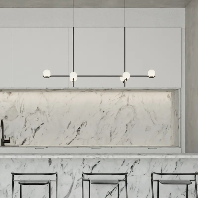 Modern brass linear chandelier with globe lights