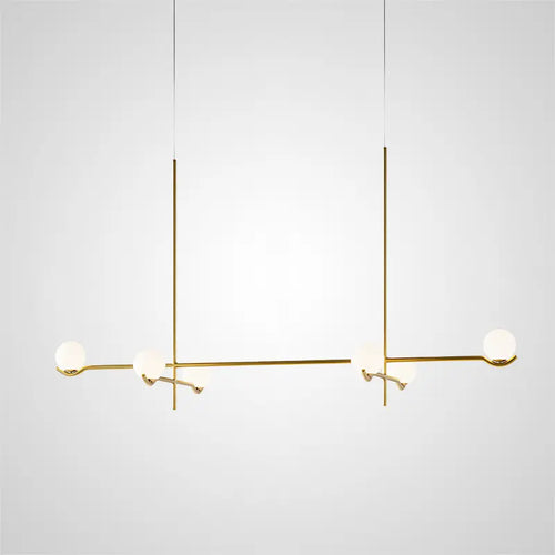 Modern brass linear chandelier with globe lights