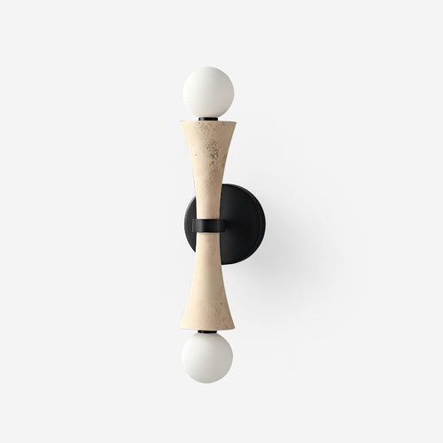Hecker Travertine Wall Lamp featuring a sculptural natural stone body with dual globe lights and matte black hardware, designed for luxury contemporary interiors.