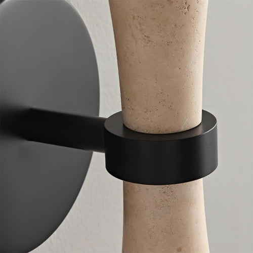 Hecker Travertine Wall Lamp featuring a sculptural natural stone body with dual globe lights and matte black hardware, designed for luxury contemporary interiors.