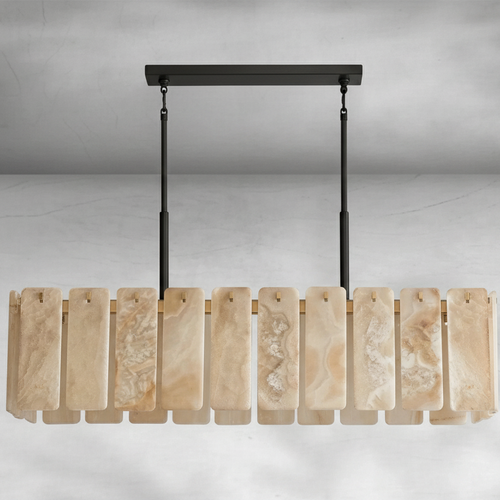 Lunara Linear Chandelier crafted from natural alabaster panels and solid brass, a luxury statement light designed for dining rooms and sophisticated interiors