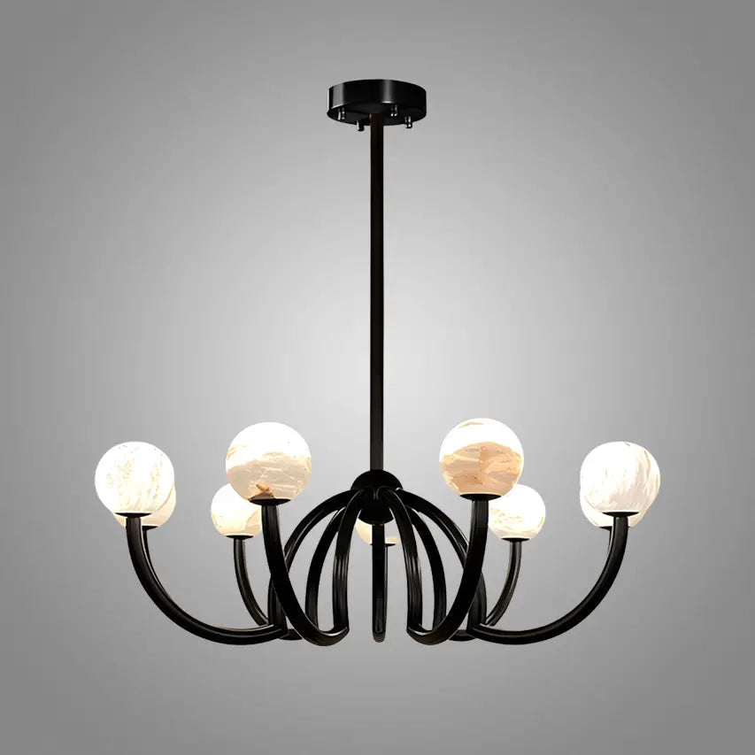 Black chandelier with six light bulbs on a gray background