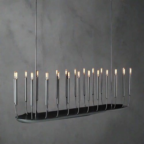 Noir Atelier Chandelier featuring slender candle-inspired LED lights on a minimalist black metal frame, designed for modern dining rooms and architectural interiors