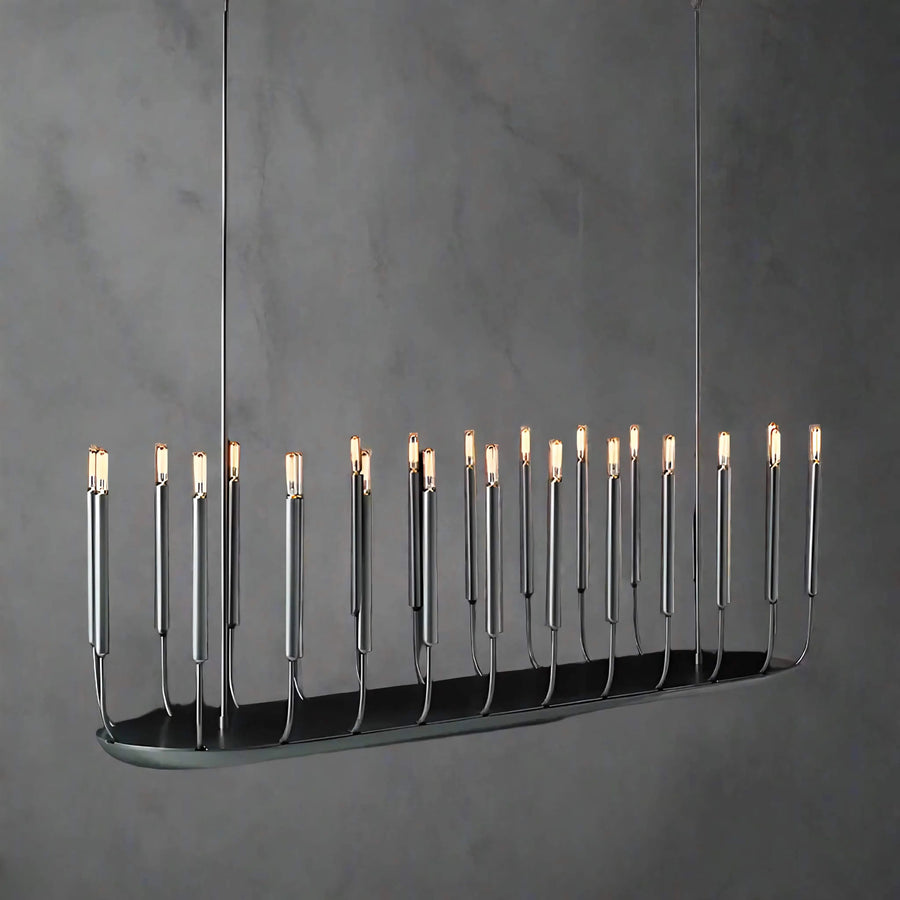 Noir Atelier Chandelier featuring slender candle-inspired LED lights on a minimalist black metal frame, designed for modern dining rooms and architectural interiors