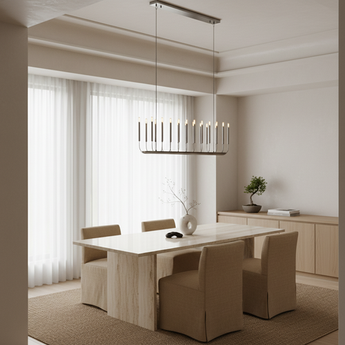 Noir Atelier Chandelier featuring slender candle-inspired LED lights on a minimalist black metal frame, designed for modern dining rooms and architectural interiors