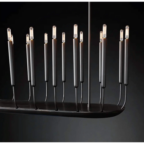 Noir Atelier Chandelier featuring slender candle-inspired LED lights on a minimalist black metal frame, designed for modern dining rooms and architectural interiors