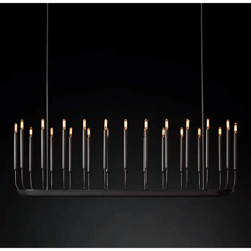 Noir Atelier Chandelier featuring slender candle-inspired LED lights on a minimalist black metal frame, designed for modern dining rooms and architectural interiors