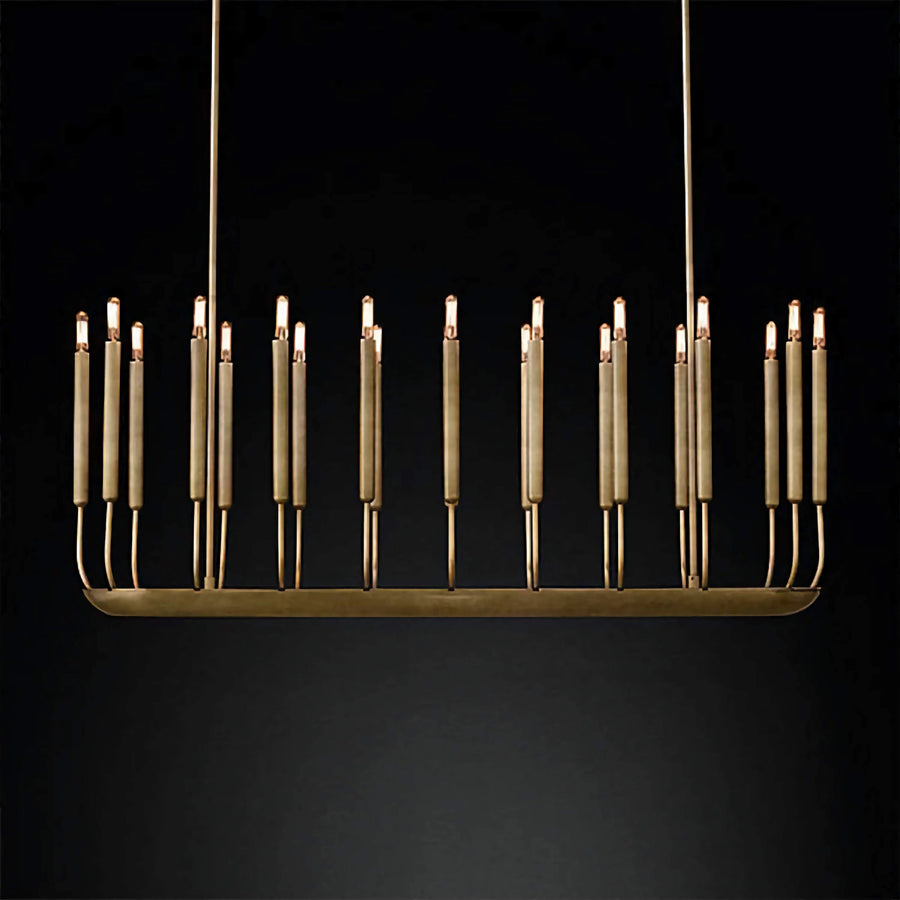 Noir Atelier Chandelier featuring slender candle-inspired LED lights on a minimalist Gold metal frame, designed for modern dining rooms and architectural interiors
