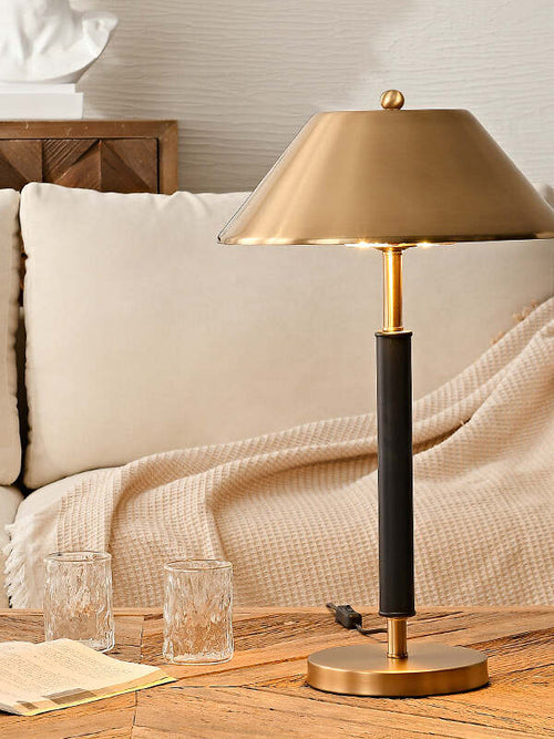 close up brass metal shade table lamp gold finish
