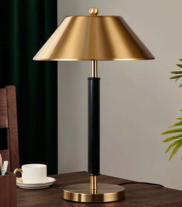 close up brass metal shade table lamp gold finish