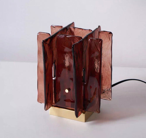Rosalia Table Lamp featuring handcrafted ruby-toned glass panels and elegant metal detailing, a luxury Art Deco-inspired table lamp for sophisticated interiors