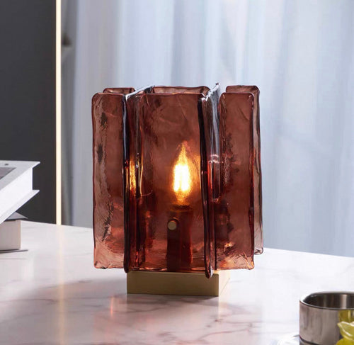 Rosalia Table Lamp featuring handcrafted ruby-toned glass panels and elegant metal detailing, a luxury Art Deco-inspired table lamp for sophisticated interiors