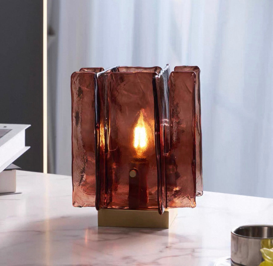 Rosalia Table Lamp featuring handcrafted ruby-toned glass panels and elegant metal detailing, a luxury Art Deco-inspired table lamp for sophisticated interiors