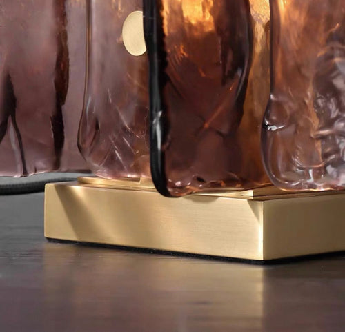 Rosalia Table Lamp featuring handcrafted ruby-toned glass panels and elegant metal detailing, a luxury Art Deco-inspired table lamp for sophisticated interiors