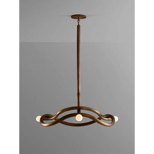 Seraphina Chandelier featuring a sculptural intertwined bronze frame with glass accents, a luxury Mid-Century modern statement light for sophisticated interiors