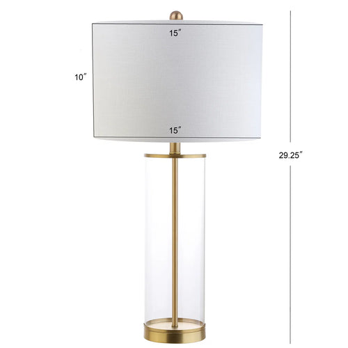 glass column table lamp with gold base and white shade