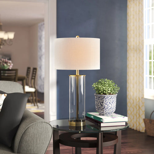 glass column table lamp with gold base and white shade