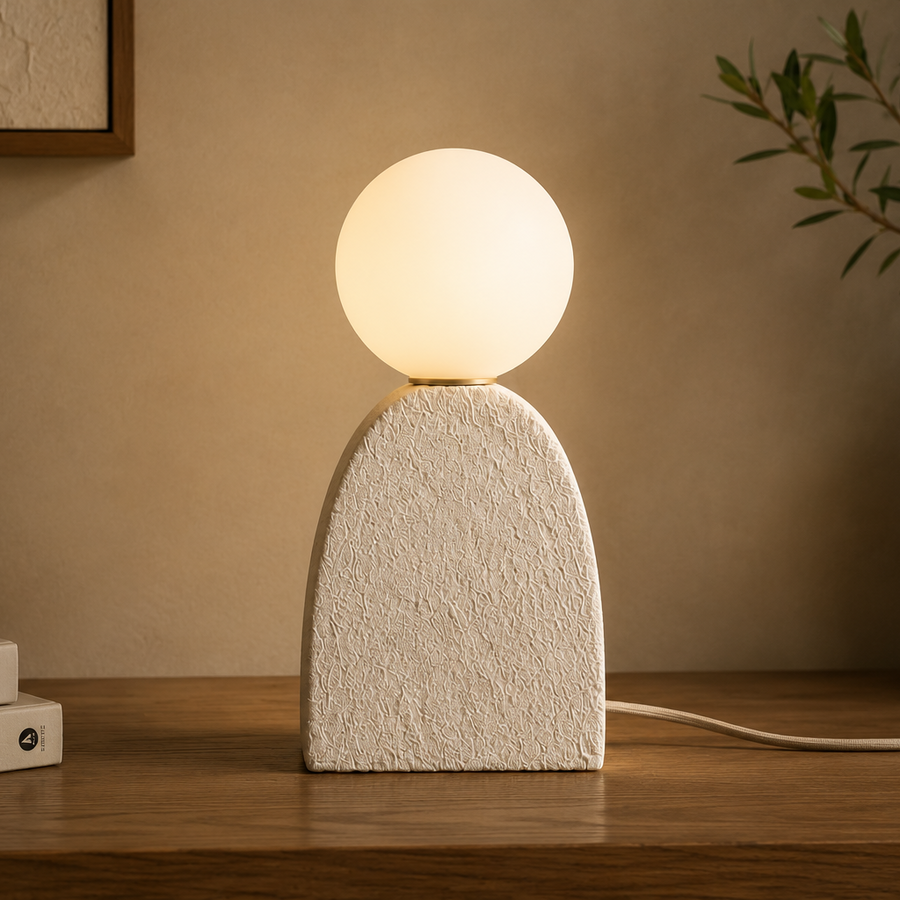 Terra Orb Table Lamp with a handcrafted textured ivory ceramic base and frosted glass globe, providing warm ambient lighting for Japandi and contemporary interiors