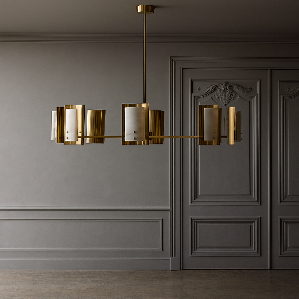 Valencia Alabaster Chandelier featuring natural alabaster panels and brass detailing, a luxury modern pendant light for dining rooms and contemporary interiors.